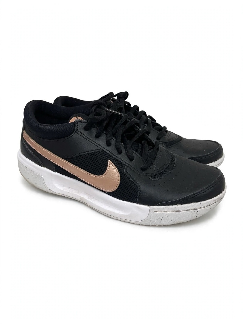 Nike Women's Black and Rose Gold Court Shoes with White Soles